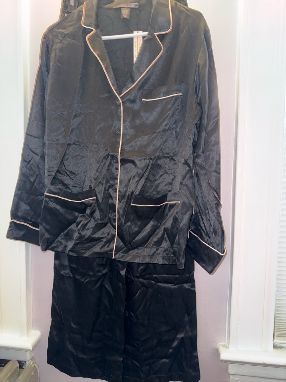 Victoria’s Secret Silky Black Women's Pajama Set with Pink Piping